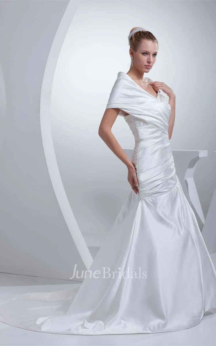 V-Neck Ruched Satin A-Line Gown with Wrap Design and Court Train