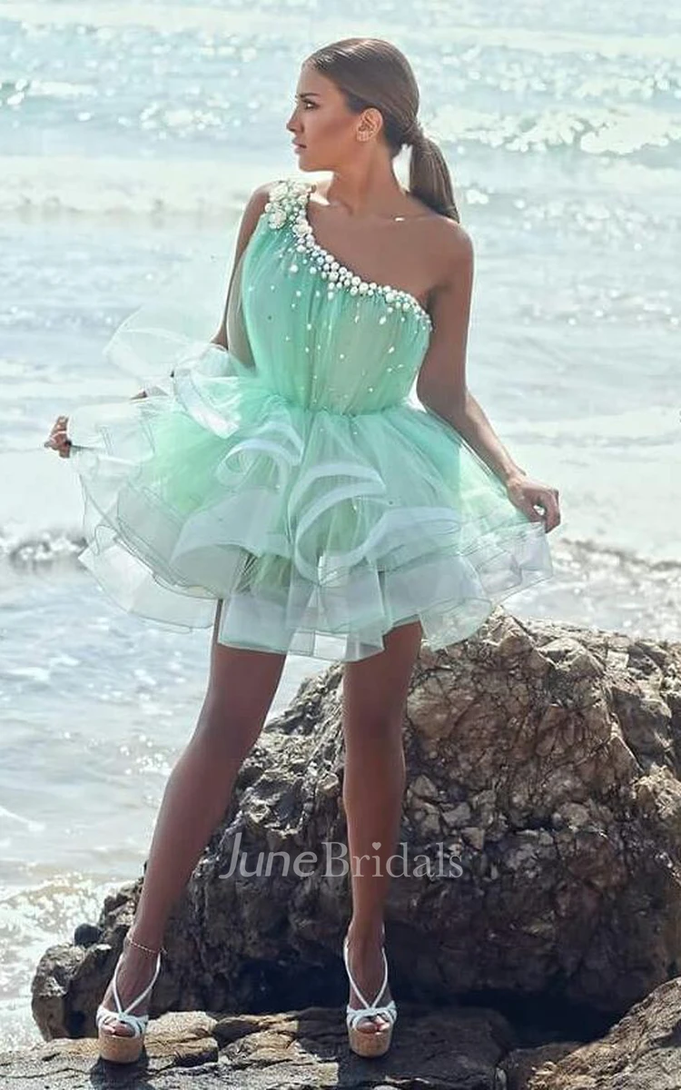 Modern One-shoulder Short Homecoming Dress With Beadings Ruffles