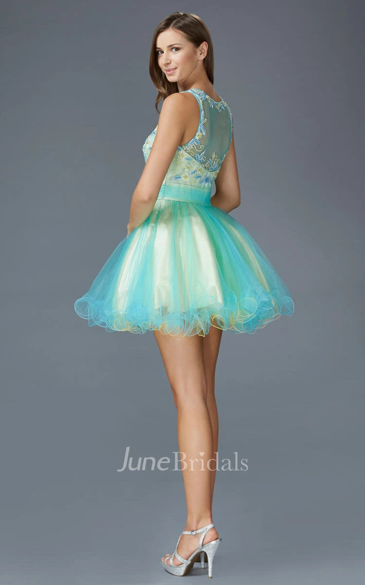 Muti-Color A-Line Short Scoop-Neck Sleeveless Tulle Illusion Dress With Appliques And Ruffles