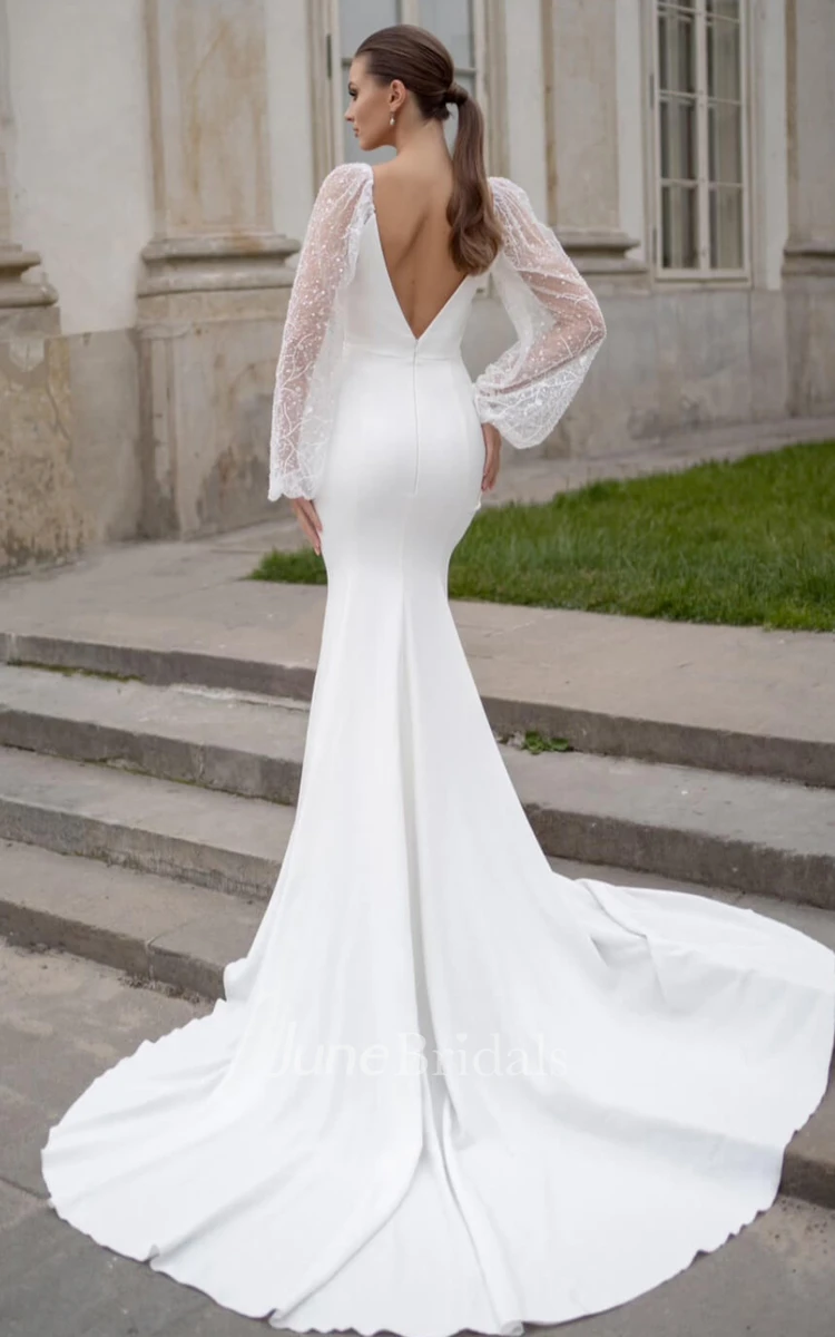 Mermaid V-neck Satin Adorable Wedding Dress With Open Back And Illusion Sleeves