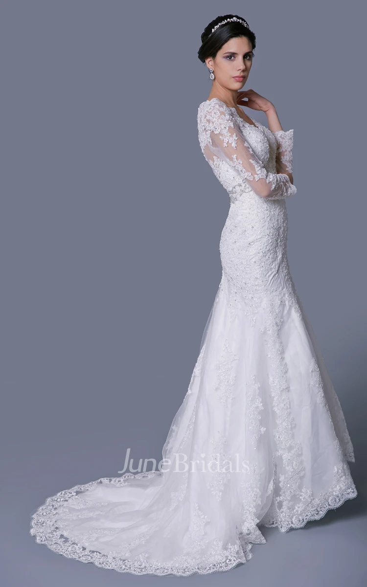 V-Neck Long Sleeve Lace Gown With Beadings and Crystal Brooch