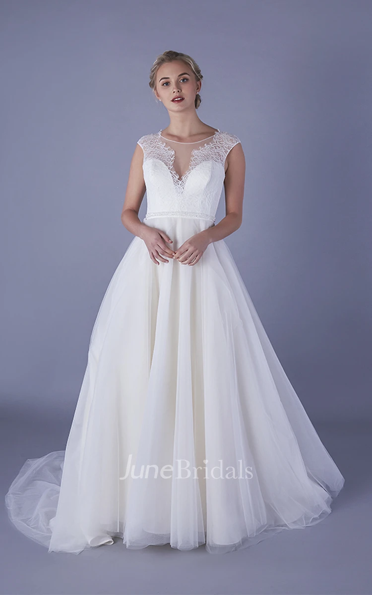 Tulle A-line Ballgown Wedding Dress With Illusion Lace V-neck And Back