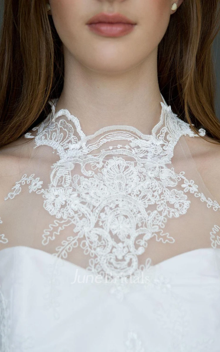 Halter Sleeveless Taffeta Wedding Dress With Appliques And Illusion Back