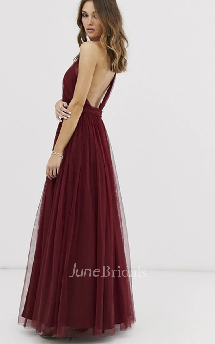 Burgundy One Shoulder And Open Back Tulle Bridesmaid Dress With Ruching