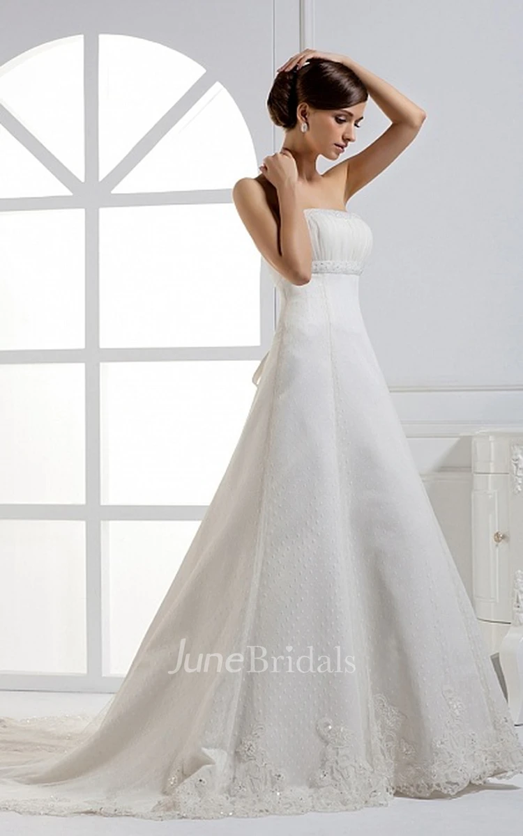 Strapless Ruched A-Line Gown With Appliques and Cinched Waist