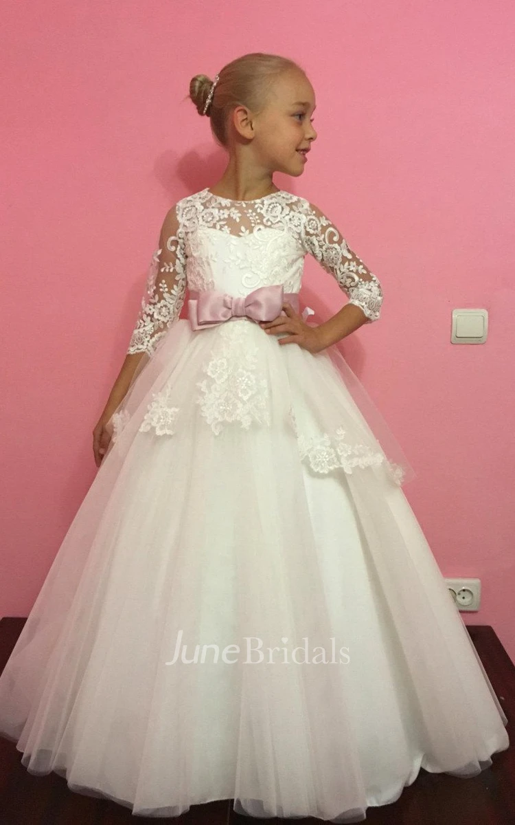 Tulle&Lace Dress With Appliques and Bow Belt
