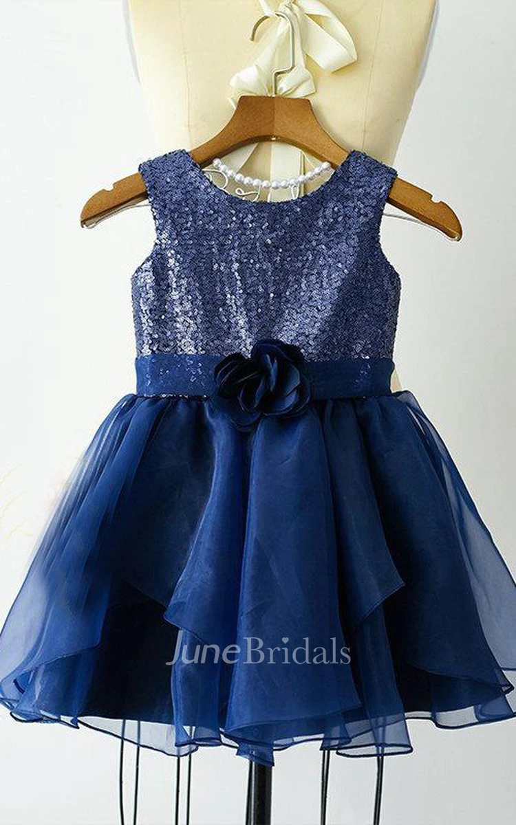 Sleeveless Jewel Neck Organza Dress With Sequins&Flower