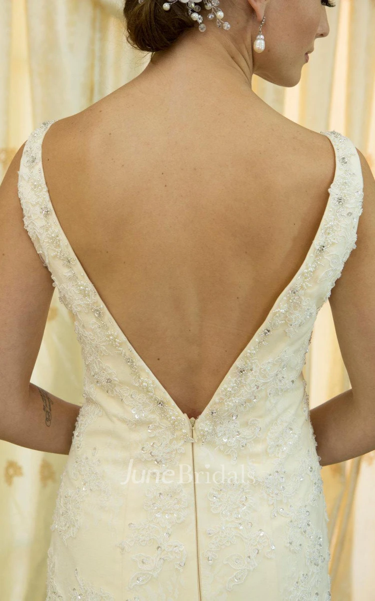 A-Line Off-The-Shoulder V-Neck Lace Dress With Beading Low-V Back