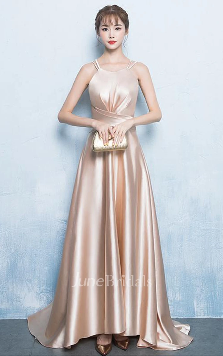 Modern A Line Satin Halter Sleeveless Prom Dress with Criss Cross and Pleats