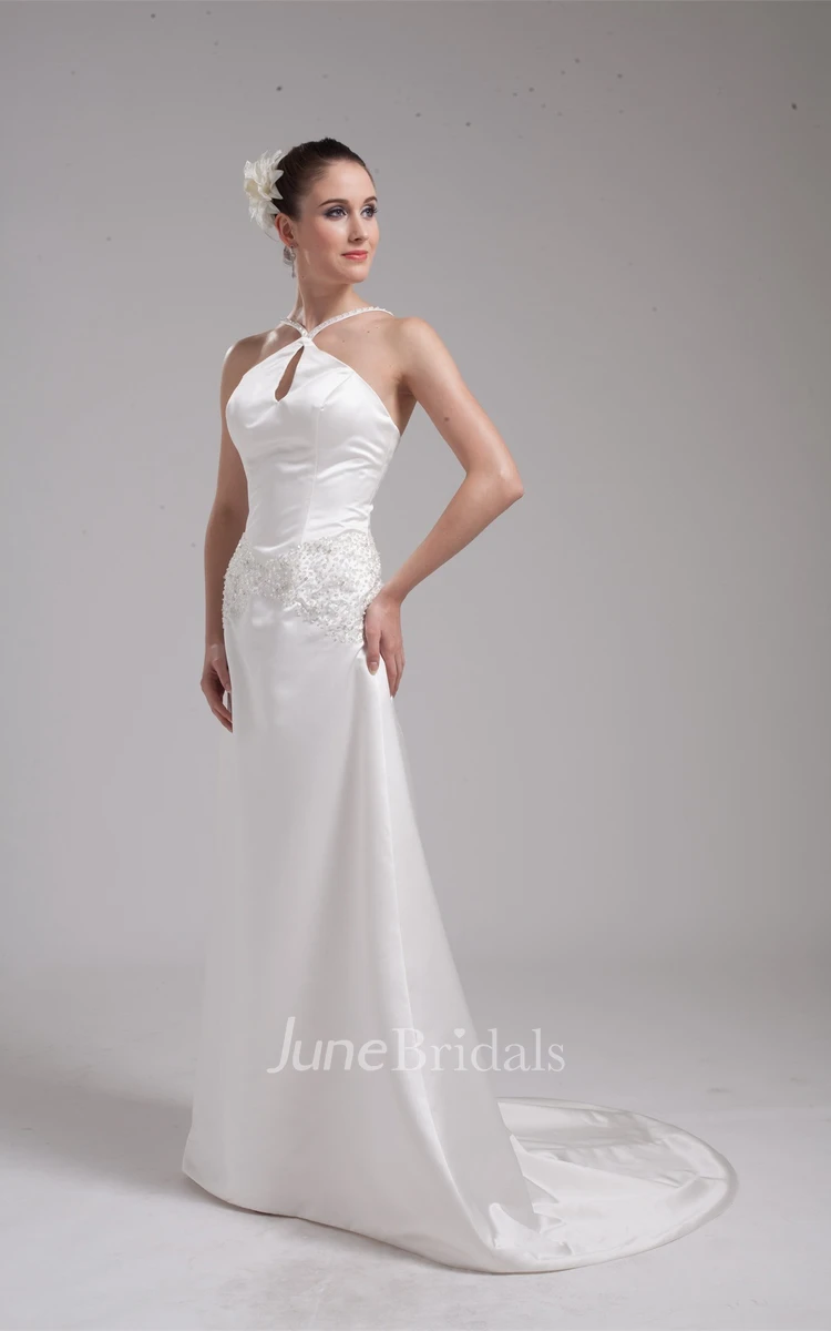 Sleeveless Satin Sheath Dress with Appliques and Brush Train