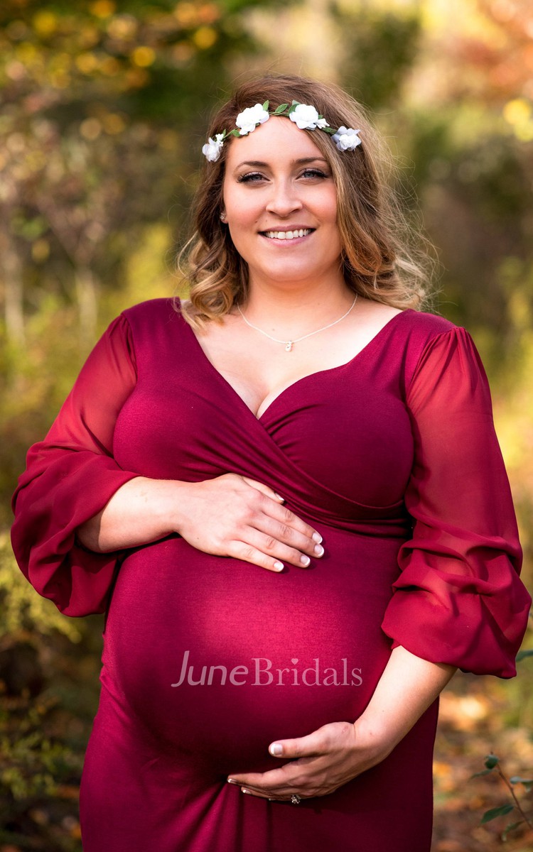 Puff Long Sleeve V-neck Long Jersey Maternity Dress - June Bridals