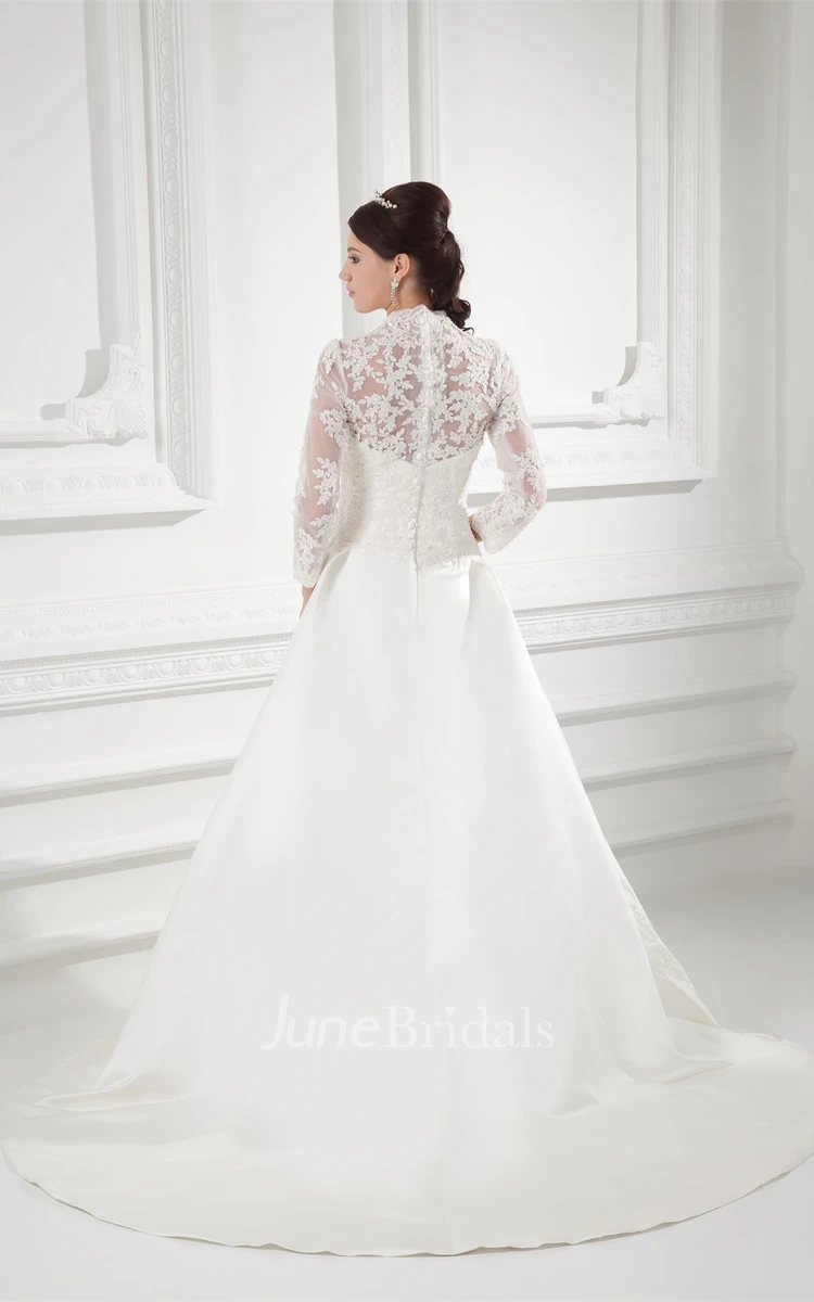 scalloped-neck plunged ball lace gown with illusion long sleeves