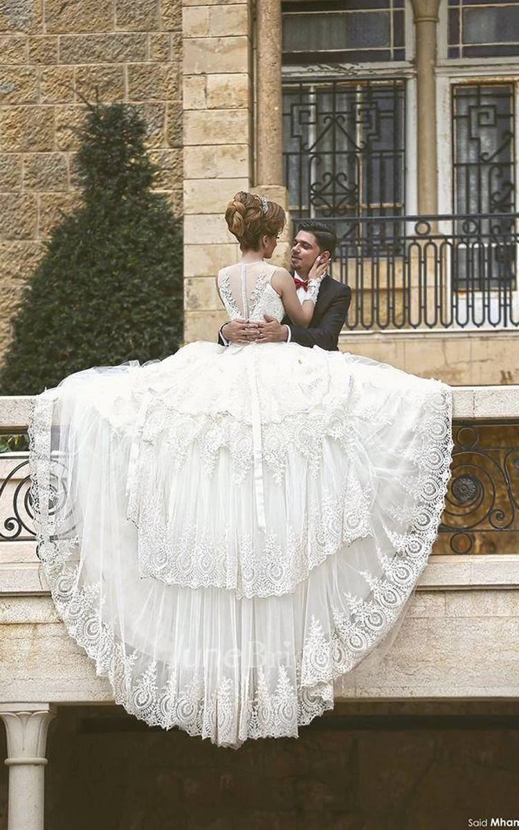 Elegant Tulle Lace Appliques Illusion Wedding Dress Ball Gown Zipper