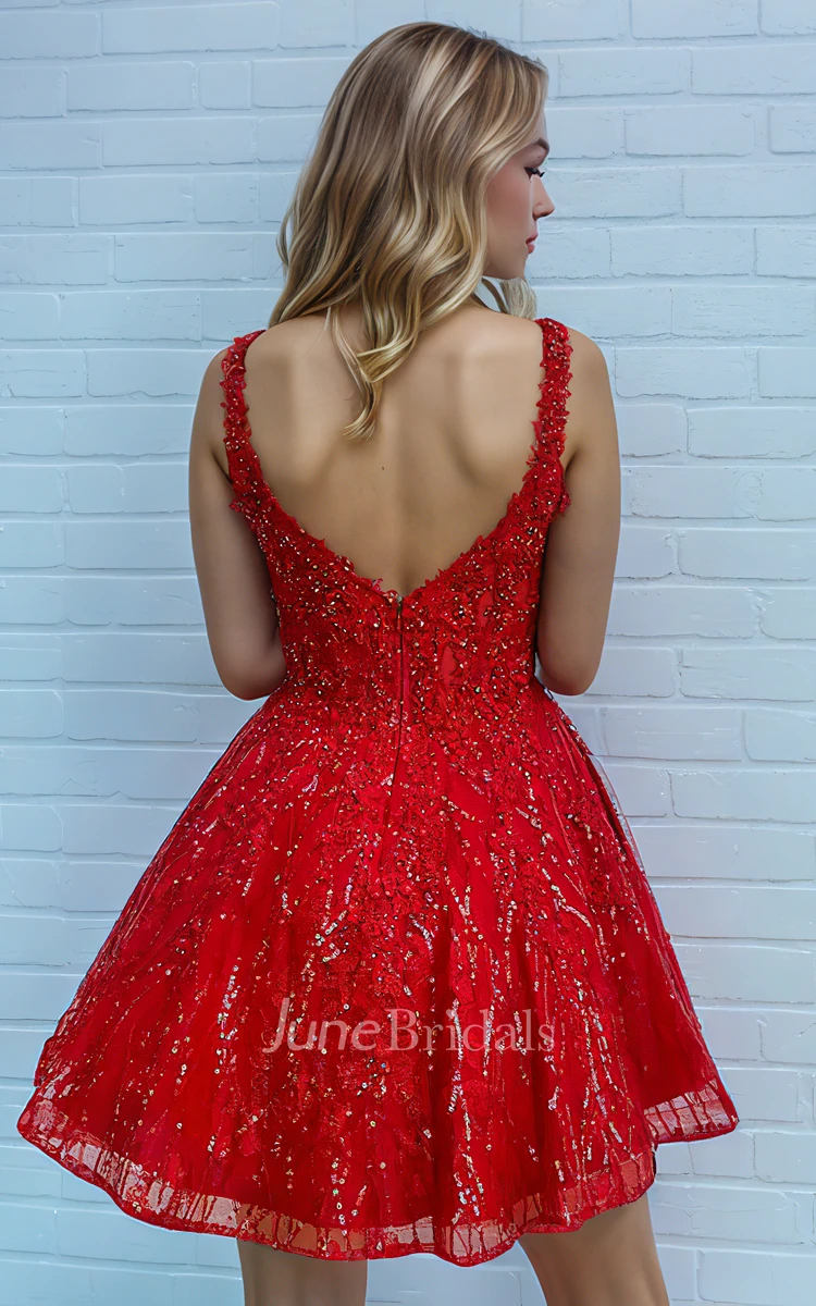 Unique Shiny Red Sequins A-Line Short Dress for Homecoming Mini Modest Flattering Square Neckline Straps Sleeveless Zipper Back Prom Dress with Pockets