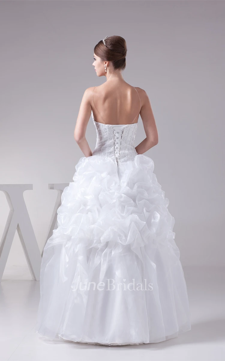 Plunged Ruffled Ball Gown with Appliques and Illusion Bodice