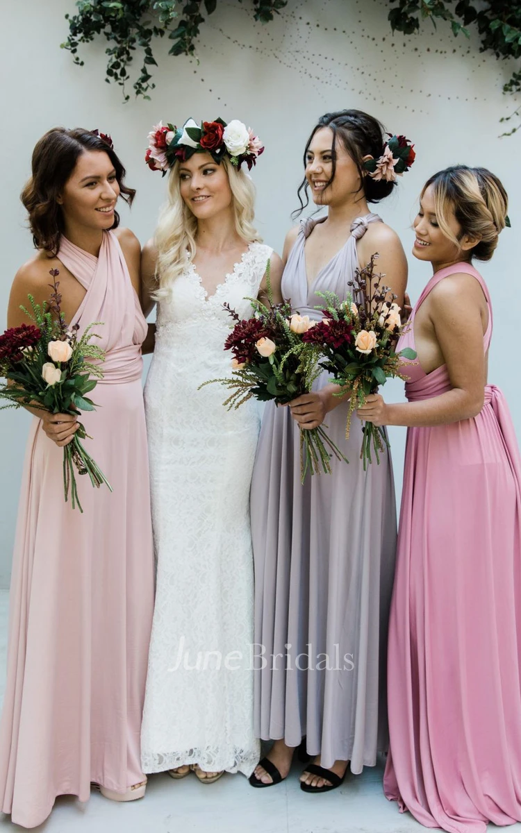 Simple Romantic A-Line Convertible V-neck Jersey Bridesmaid Dress With Open Back And Sash