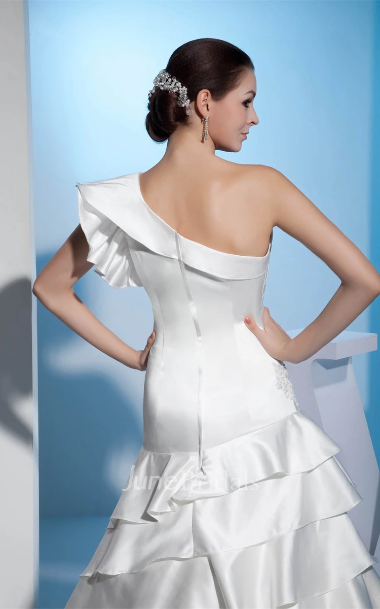 One-Shoulder Ruched A-Line Gown with Tiers and Appliques