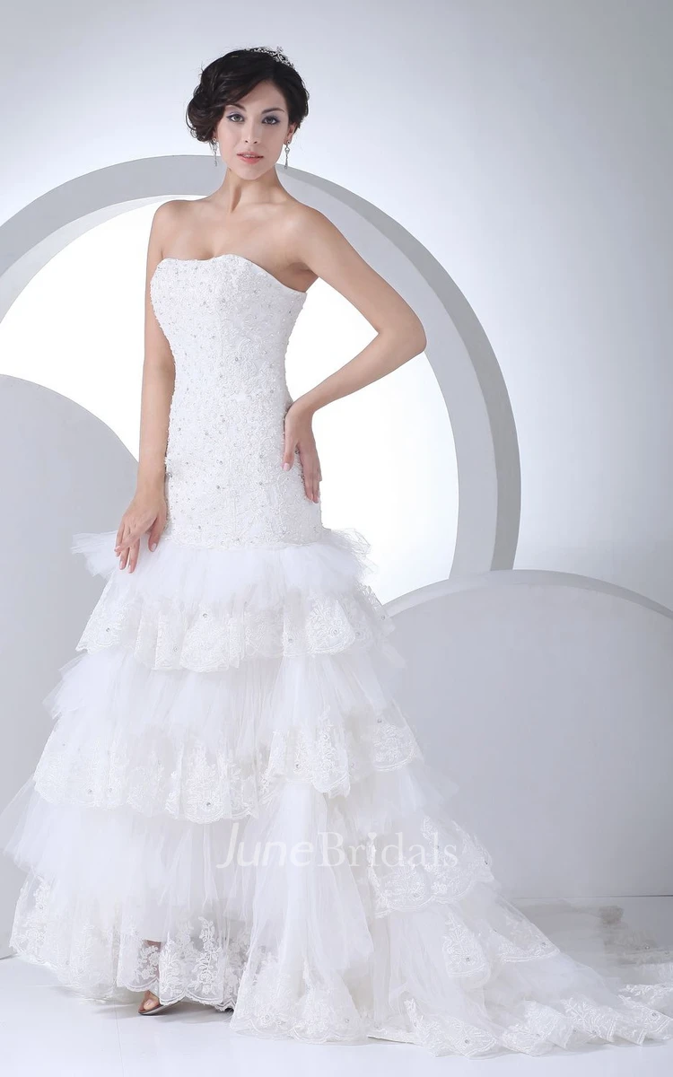 Intricate Strapless Column Dress With Tiers and Beaded Bodice