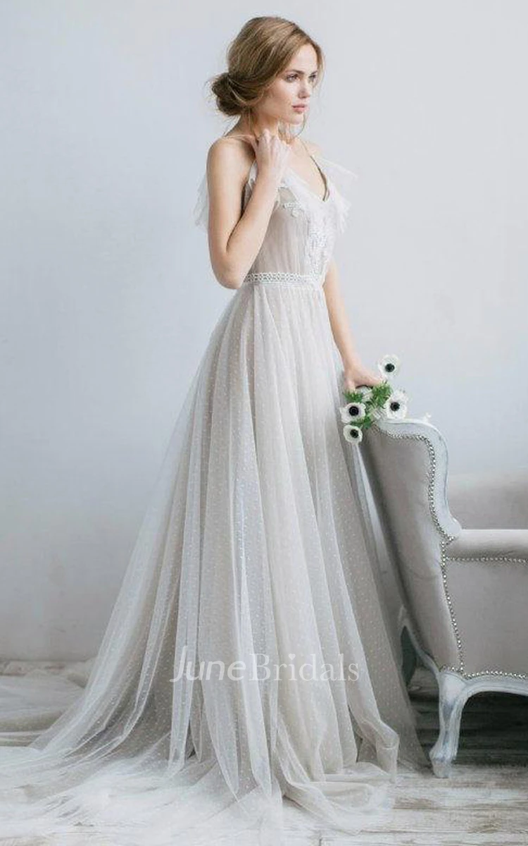 A-Line V-Neck Tulle Illusion Dress With Pleats
