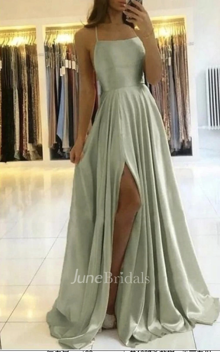 Spaghetti A-Line Satin Beach Garden Prom Dress Simple Casual Sexy Romantic Adorable With Split Front And Sleeveless