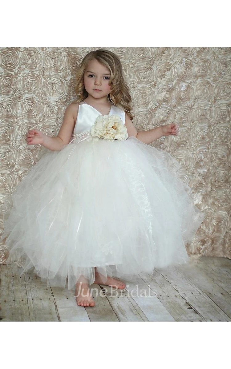 Beautiful V-neck Ruffled Tulle Ball Gown With Flower and Beading Waist