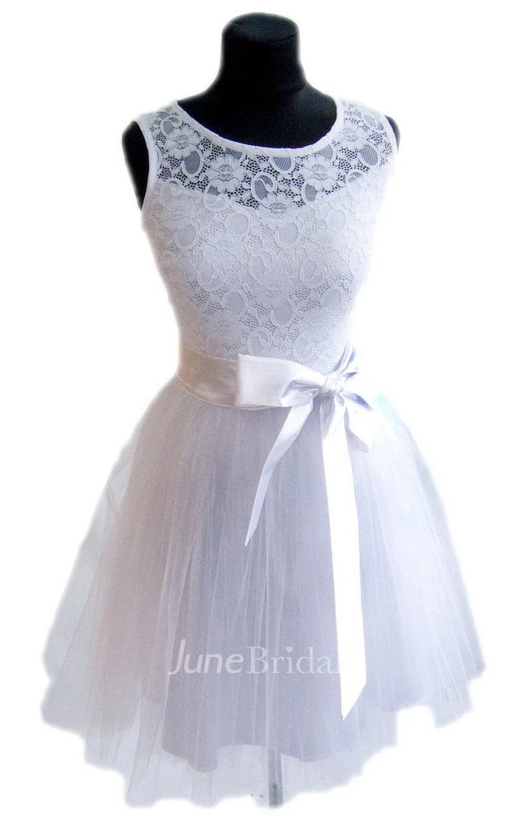 Mini Tulle And Lace Dress With Satin Belt
