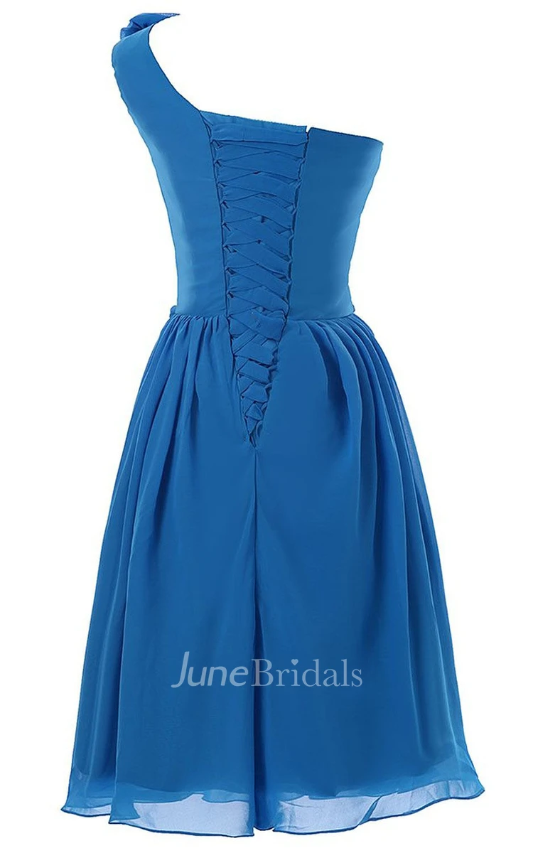 One-shoulder Appliqued Strap Knee-length Pleated Chiffon Dress