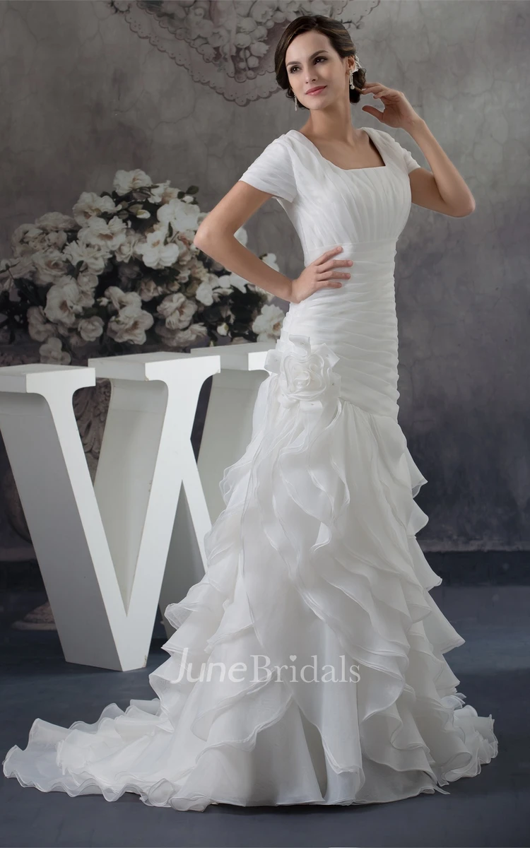 Square-Neck Short-Sleeve Ruched Gown with Flower and Tiers