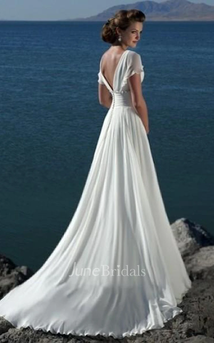 Empire V-neck Court Trains Chiffon Beach Wedding Dresses for Brides