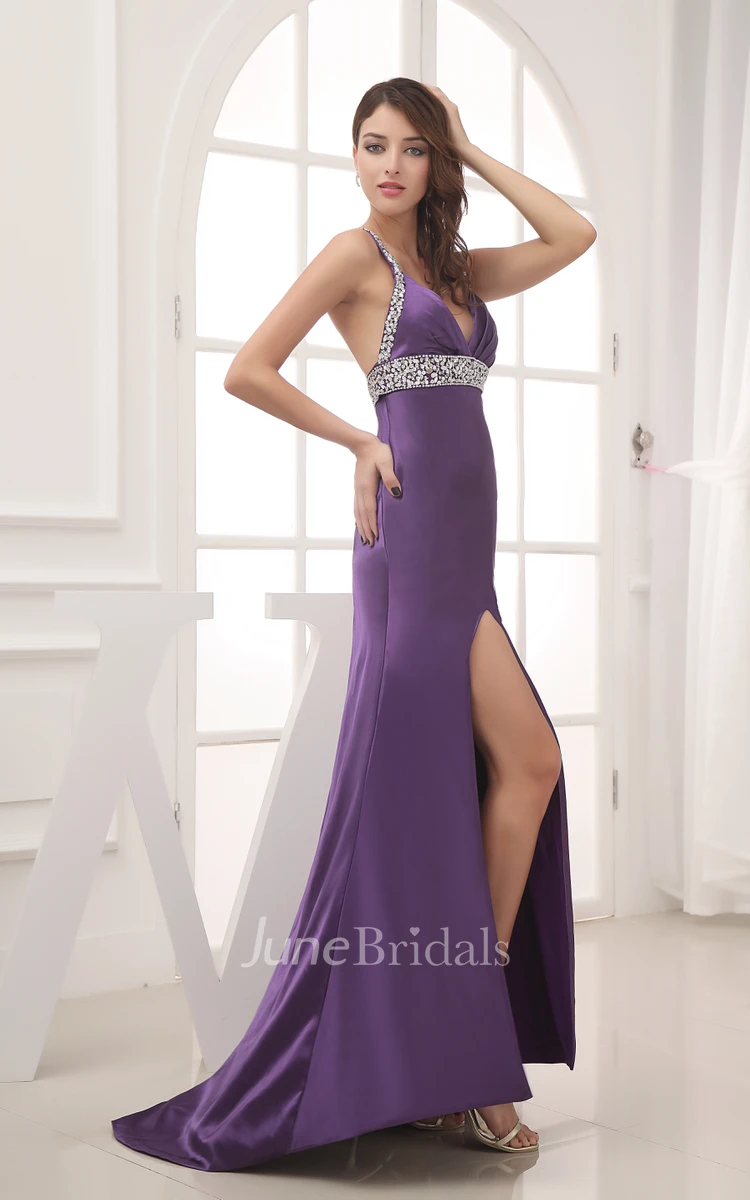 Plunged Sleeveless Front-Split Satin Dress With Beading