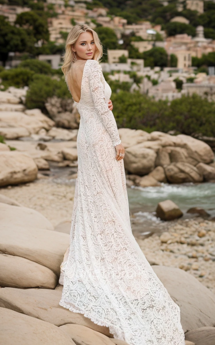 Modest Floral Beach Long Sleeve Boho Lace Wedding Dress Sexy Elegant Boat Open Back Sweep Train Bridal Gown