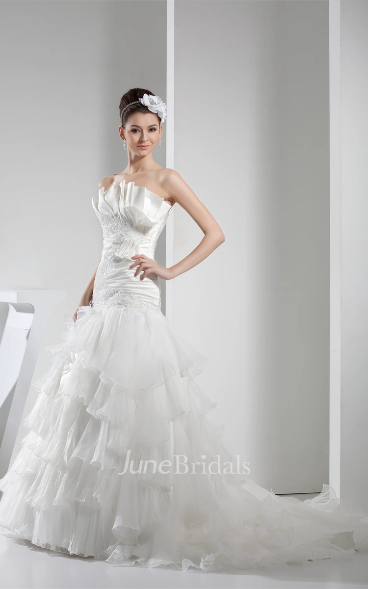 Strapless Tiered A-Line Ball Gown with Bow and Appliques