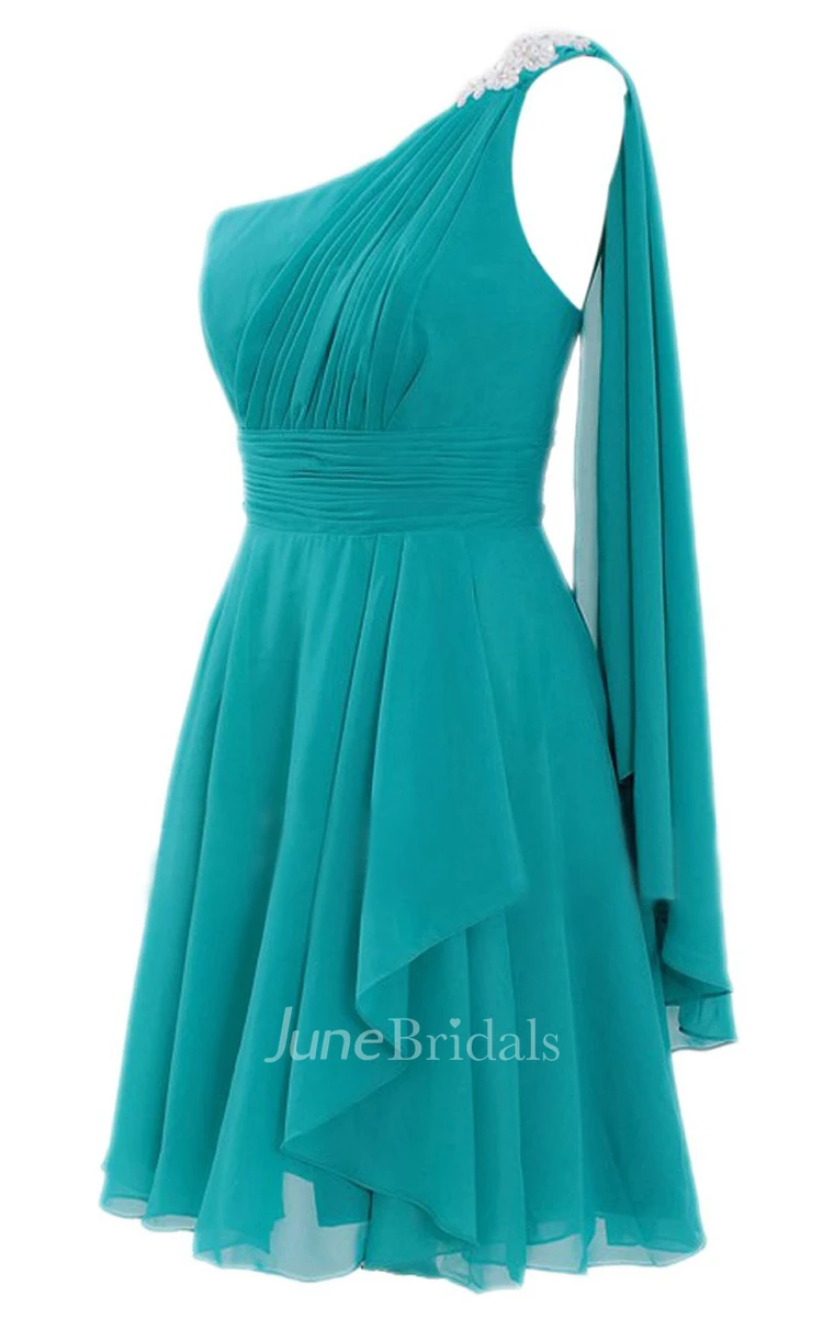 One-shoulder Beaded Pleated Chiffon Short Dress With Cape