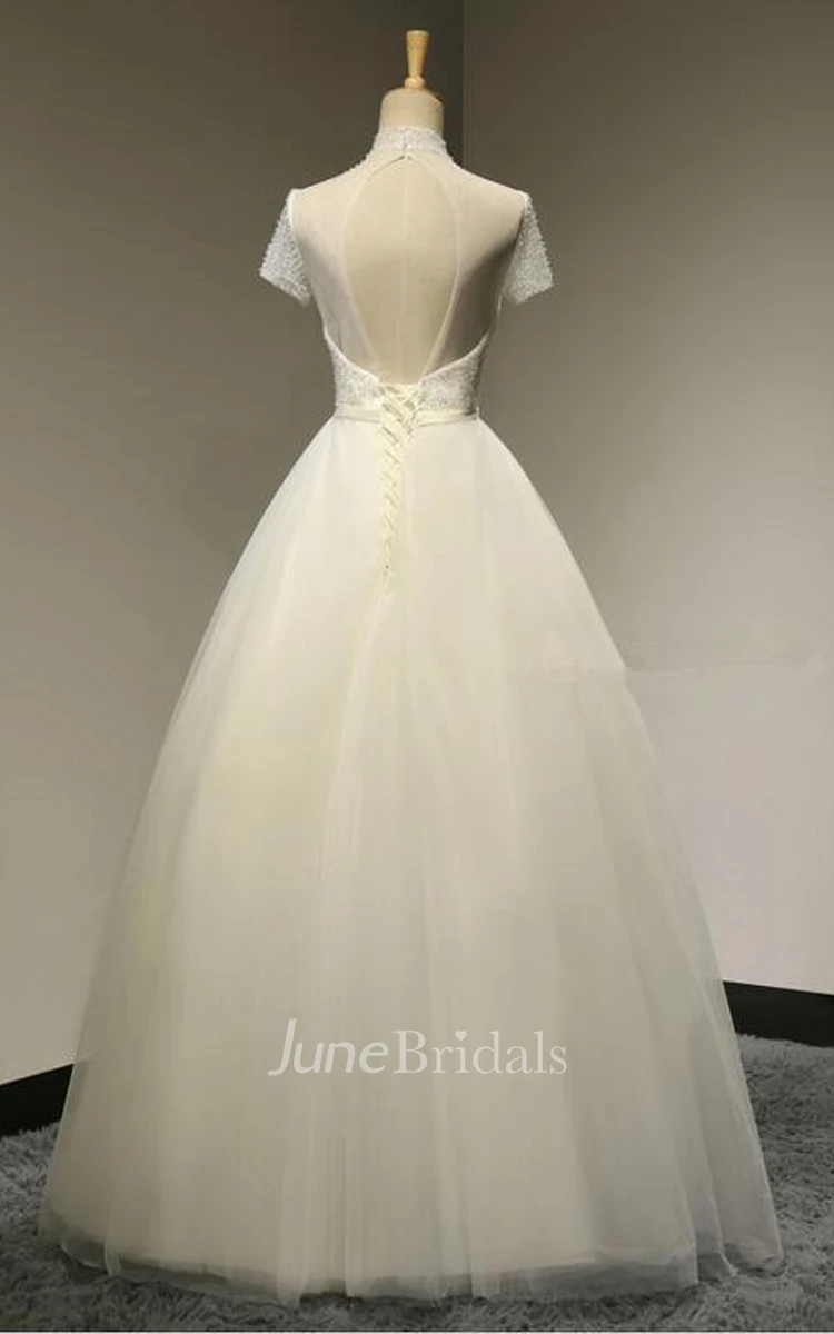 High Neck A-line Tulle Wedding Dress With Short Sleeves And Beaded Bodice