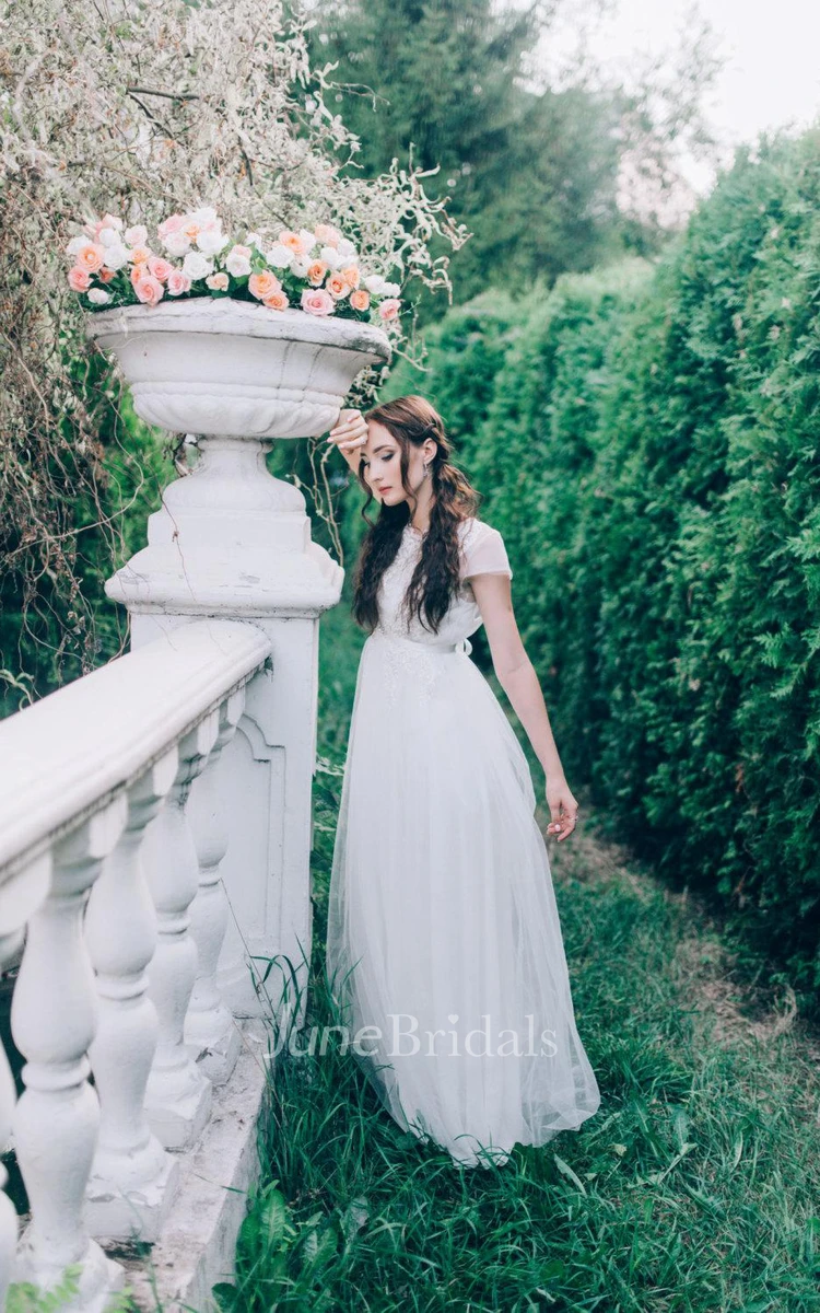 A-Line Tulle Cap-Sleeve Floor-Length Dress and Hand-Woven Hollow Three-dimensional Flowers White Pearl Hair Bands