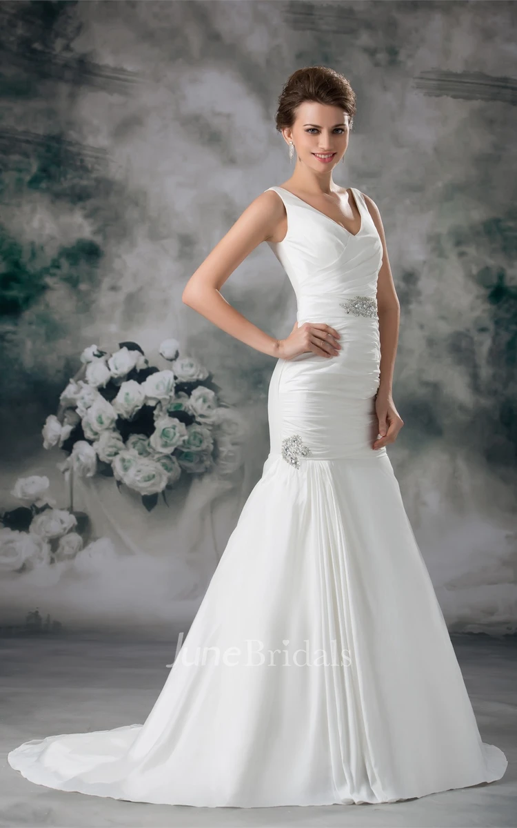 v-neck a-line trumpet sleeveless gown with brush train and beading