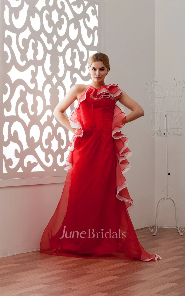 Sleeveless Ruffled Floor-Length Dress with Ruching and Draping