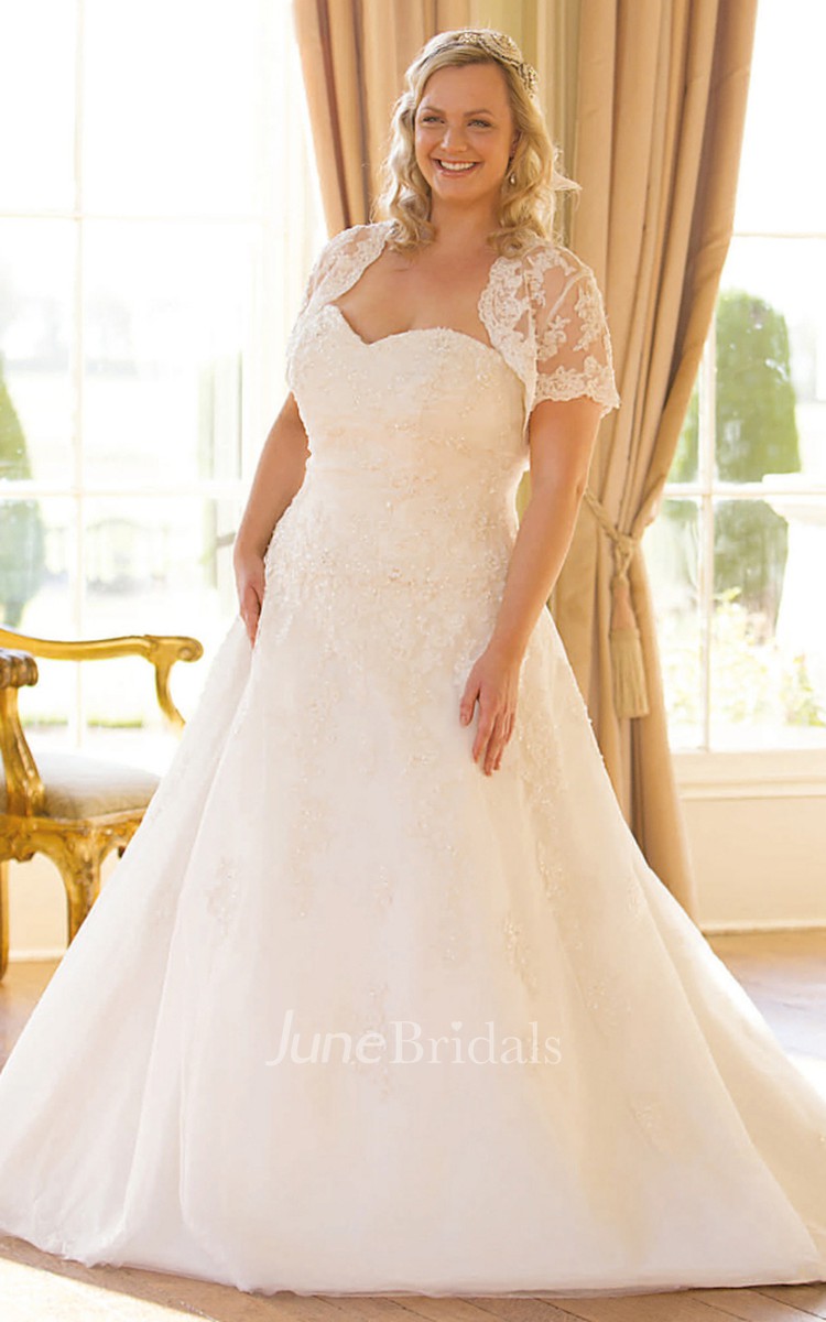 Sweetheart Short-Sleeve Lace Plus Size Warm Wedding Dress With Illusion -  June Bridals