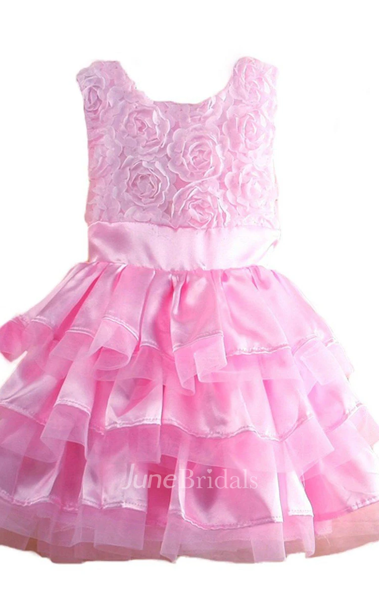 Sleeveless A-line Tiered Dress With Flowers and Bow