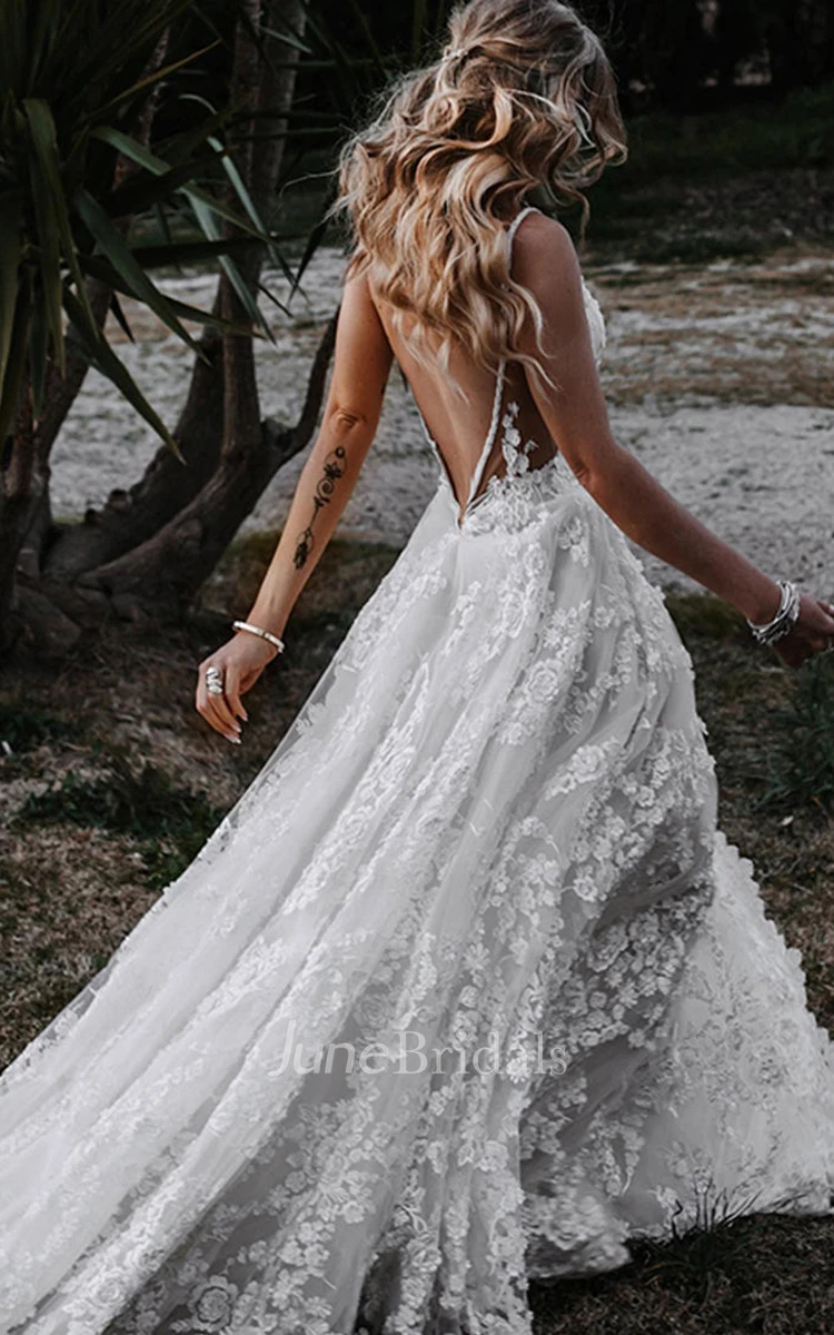 Beach Floral Boho Lace A-Line Spaghetti Straps Wedding Dress with Split Front Garden Elopement Elegant Backless Sleeveless Appliqued Court Train Bridal Gown
