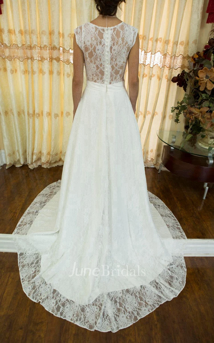 Lace Overlaying A-Line Wedding Gown With See Through Back