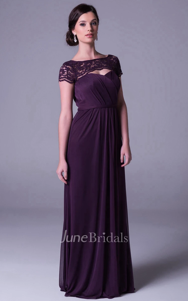 Short Sleeve Bateau Neck Caped Chiffon Bridesmaid Dress With Lace And Ruching