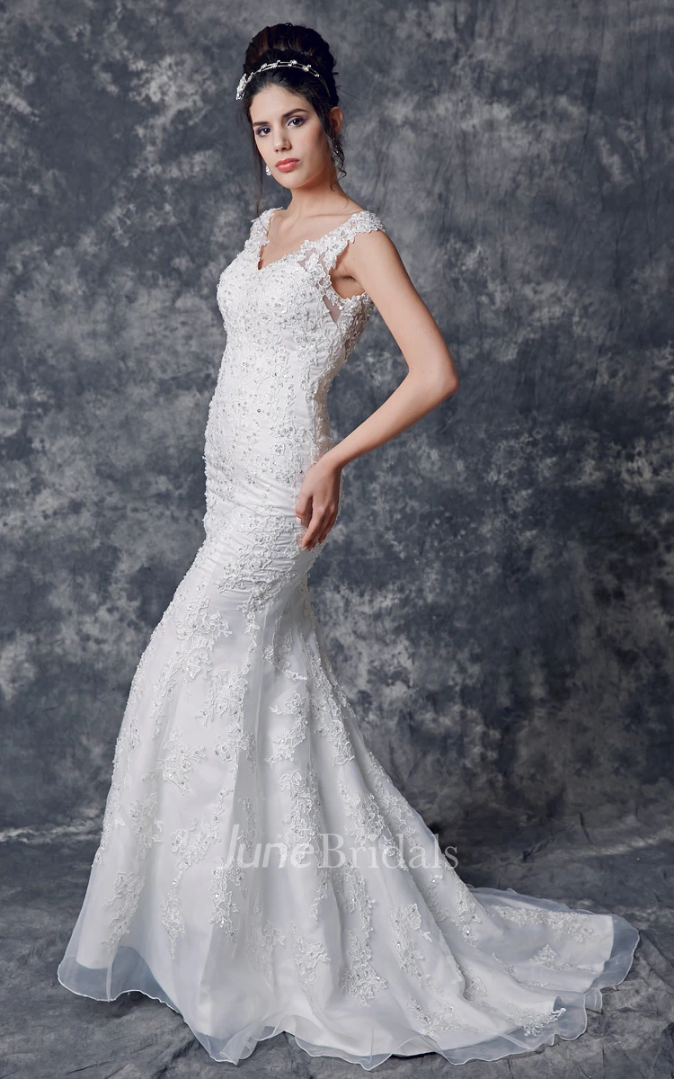 Luxurious Short Sleeve Low-v Neck Mermaid Organza Dress With Lace Applique