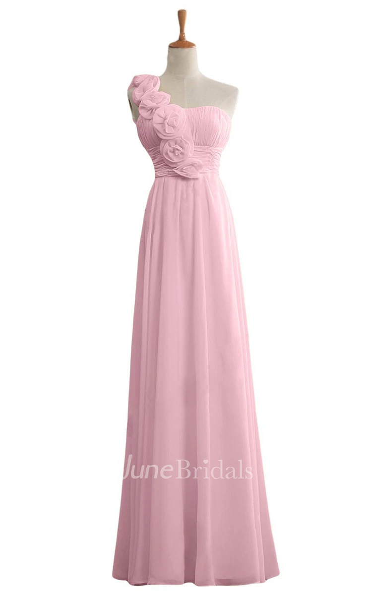 Floral One-shoulder Chiffon A-line Gown With Ruched Band