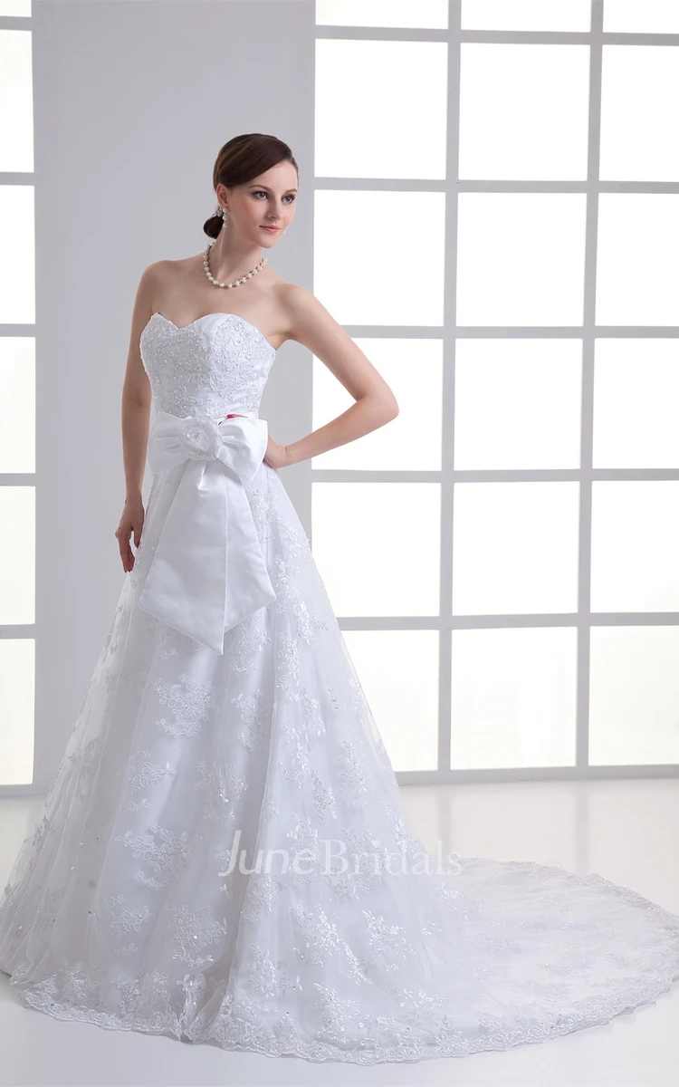 lace a-line floor-length strapless gown with court train and ribbon