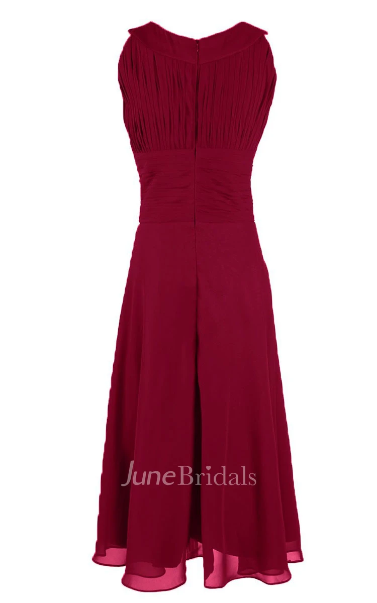 Full Length Sleeveless Pleated Dress With Ruched Waist