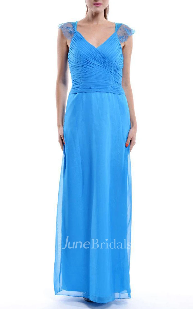 Floor-length Cap Sleeve Chiffon&Lace Dress