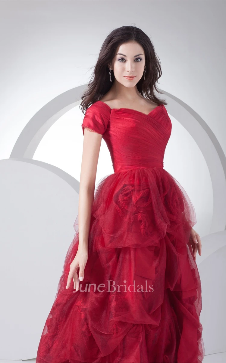 Short-Sleeve Pick-Up A-Line Gown with Ruching and Flower