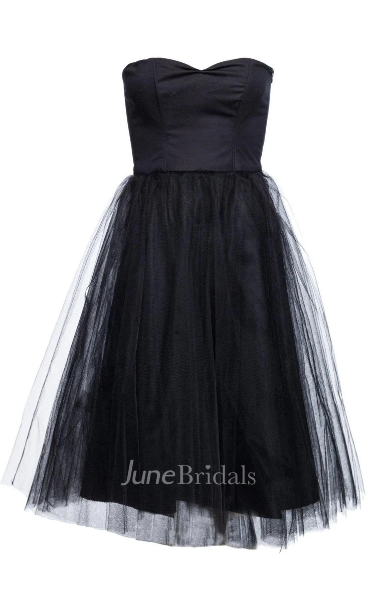 Tea-length Strapless Sweetheart Tulle Dress With Zipper