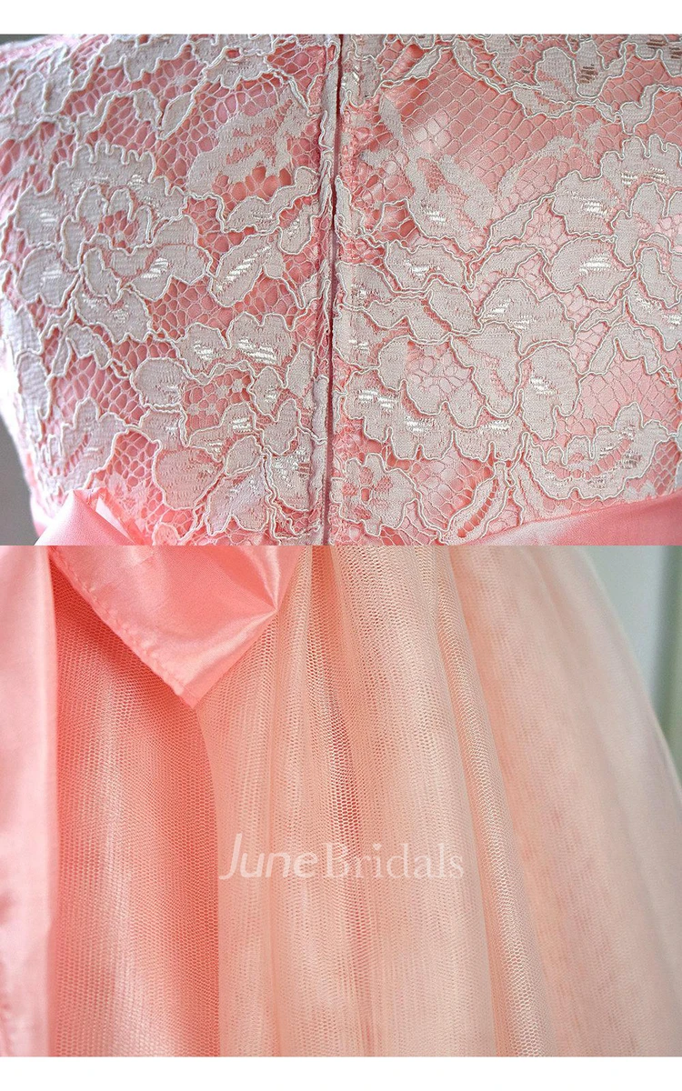 Sleeveless Jewel Neck Lace Bodice A-line Tulle Dress With Satin Belt